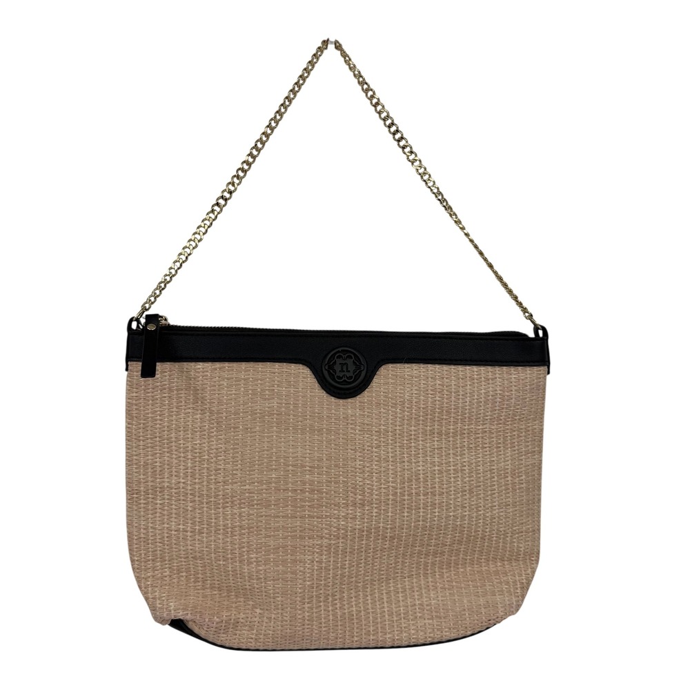 Nanette Lepore Shoulder Bag Women Tan Black Woven Straw Chain Strap Zip Top Bag